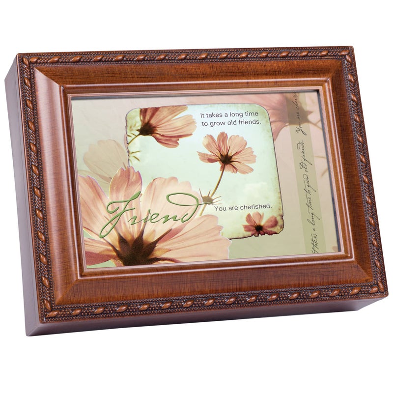 Cottage Garden Old Friends Friendship Woodgrain Rope Trim Music Jewelry Box Plays That's What Friends are for - Image 1